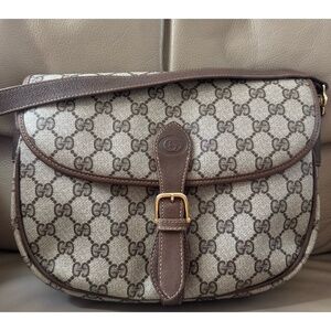 Authentic Vintage Gucci Monogram Canvas Leather Crossbody Flap Saddle Bag, COA